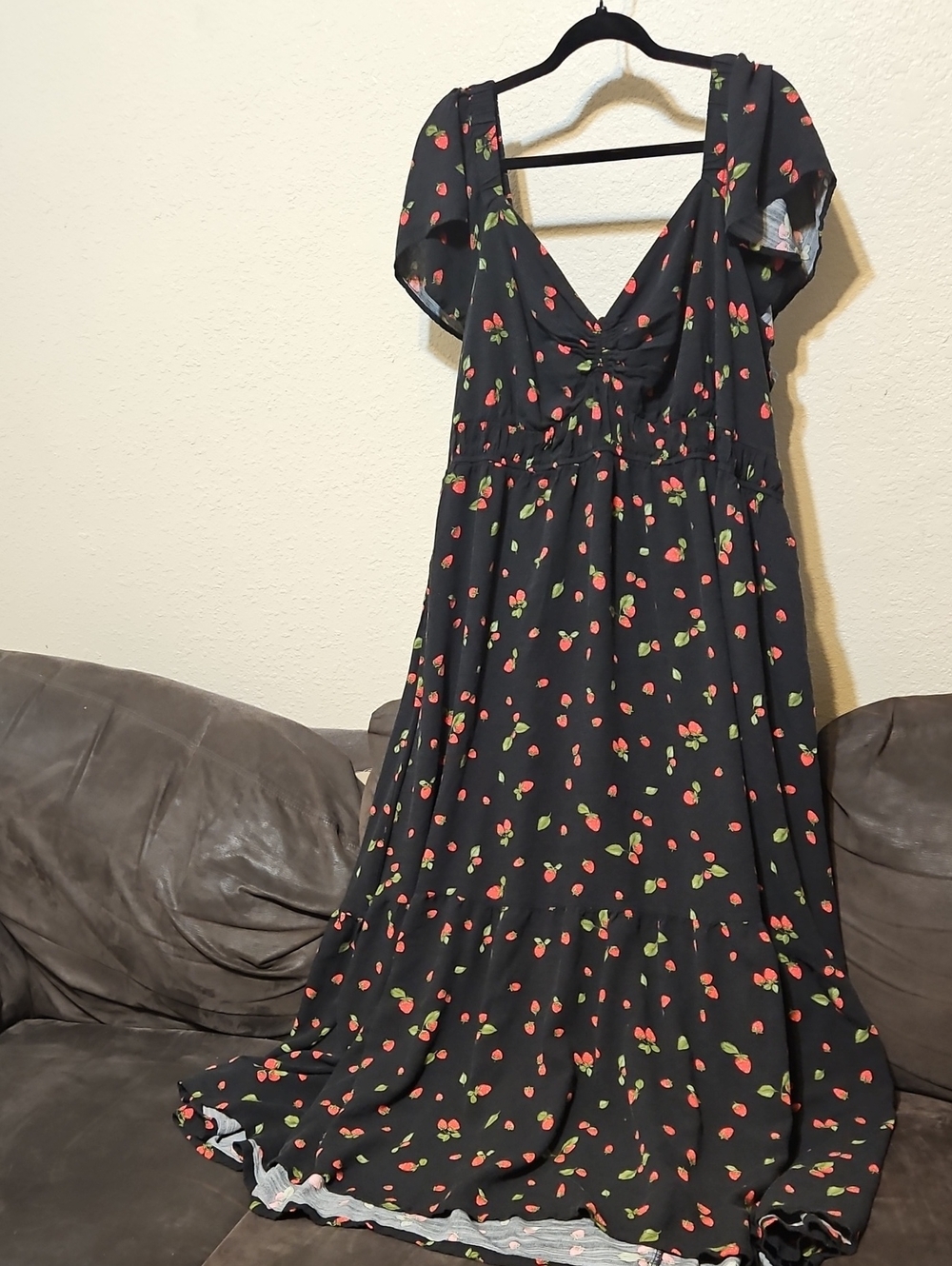 Ava & Viv Black Maxi Dress with Red Strawberry Print and Green Leaves